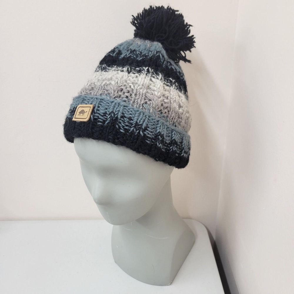 TURTLE FUR Winter Wool Knit Unisex Pom Pom Blue Black White Stripes